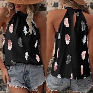 NIAY Floral Blouse Womens Size‎ XL Bohemian Feather Print Black Pink Grey Top